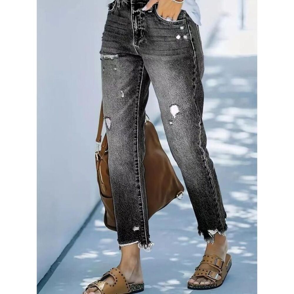 Everyday the Label Distressed Straight Leg Jeans Women Dark Gray - Picture 3 of 6